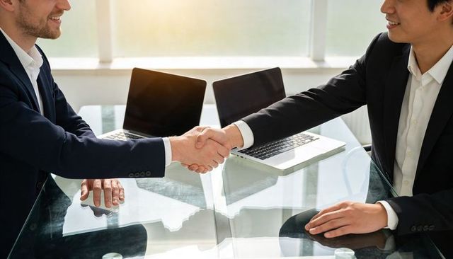 Businessmen shaking hands over glass conference table with laptops, closing partnership deal
