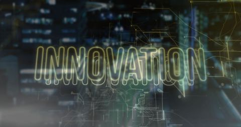 Innovation concept with digital network overlay on cityscape