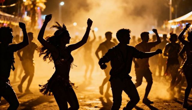 Night Carnival Dancers Silhouettes with Feather Headdresses and Street Smoke Atmosphere