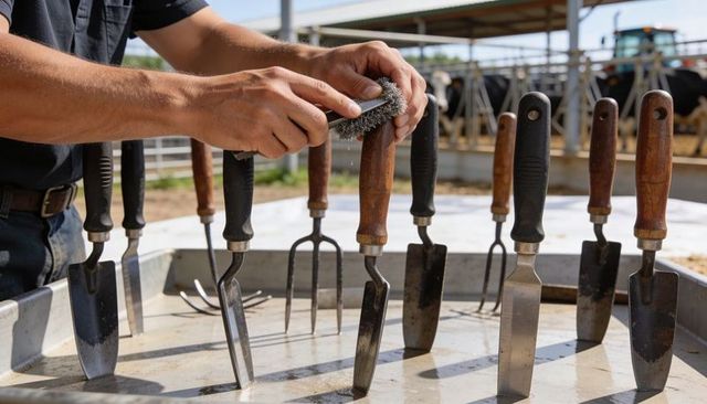 Farmer cleaning hand tools on metal tray at cattle stall, dairy equipment maintenance