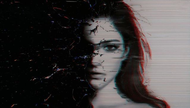 Split-face glitch portrait with shattered glass and scanlines, cyberpunk surreal beauty