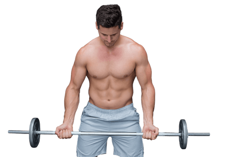 Muscular man lifting barbell with focus on transparent background