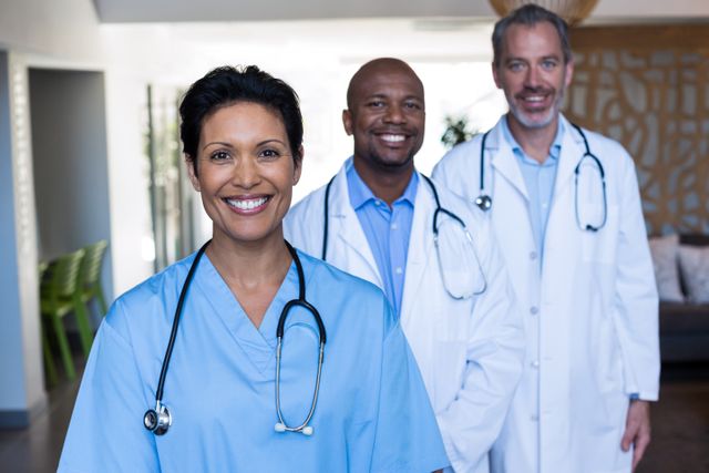 Medical team consisting of two doctors and a nurse standing in a hospital corridor, smiling confidently. Ideal for use in healthcare marketing materials, medical websites, hospital brochures, and articles about teamwork in healthcare.