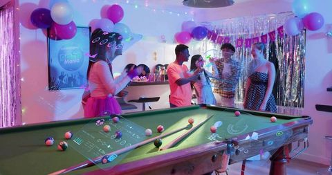 Neon holographic birthday party with pool table, friends celebrating and colorful lights