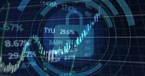 Digital Padlock Protecting Fintech UI Candlestick Chart with Upward Green Trendline