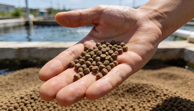 Hand holding fish feed pellets at outdoor aquaculture farm closeup for fish nutrition