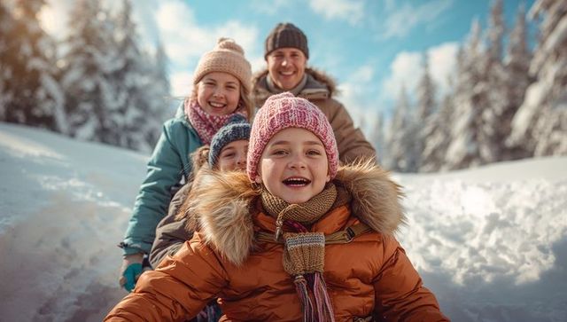 Family enjoying winter sledding adventure down snowy slope