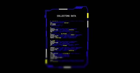 Collecting data neon blue hud panel with blurred code and futuristic digital interface