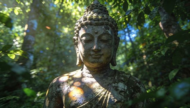 Mossy stone buddha radiating tranquility in dappled sunlight of forest garden