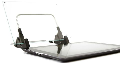 Digital Stand Holding Glass with Business Tablet on White Background