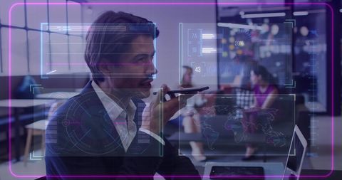 Businessman Using Smartphone with Data Processing Interface in Office