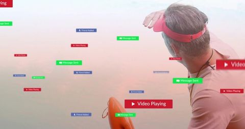 Man wearing red visor holding lifebuoy surrounded by social media notifications