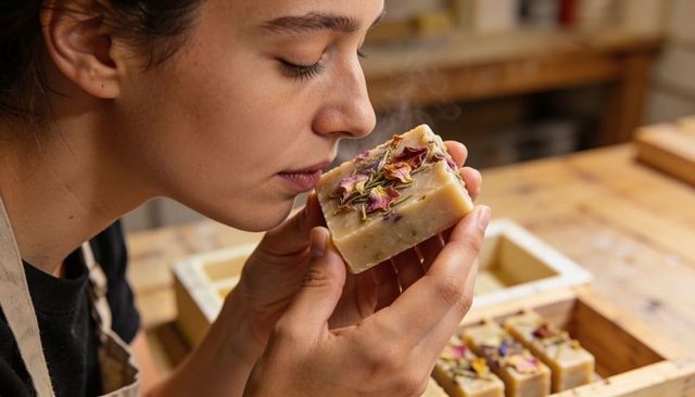 Artisan smelling handcrafted rose petal soap bar in rustic workshop with wooden molds