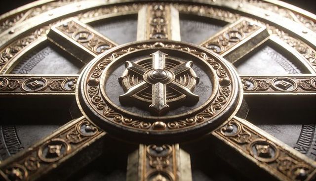 Ornate gilded compass rose emblem featuring cross hub, filigree rings, bronze patina