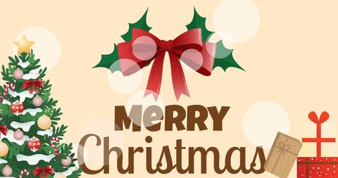 Festive Merry Christmas Greeting with Tree and Ribbon