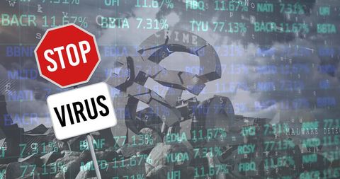 Stop virus sign with crumbling euro and digital display