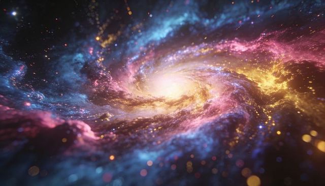 Iridescent spiral galaxy core swirling with vivid luminous nebula arms and star formation
