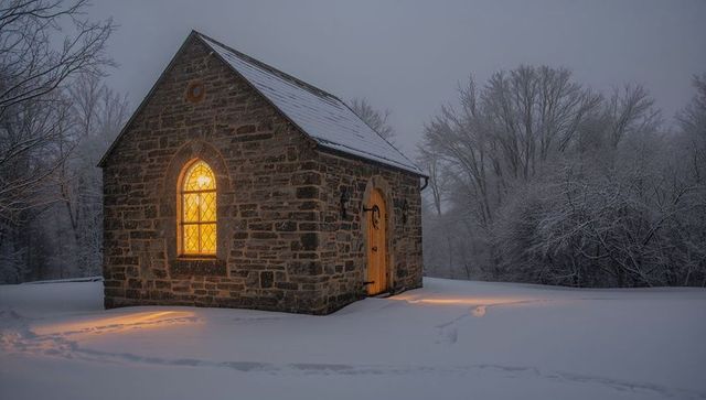 Stone chapel emitting warm light on snow-covered ground at twilight with footprints