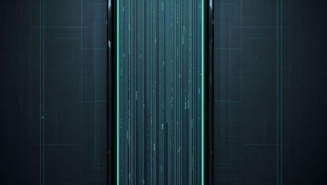 Futuristic vertical neon data stream display with cyan glyphs and dark circuit bezel ui