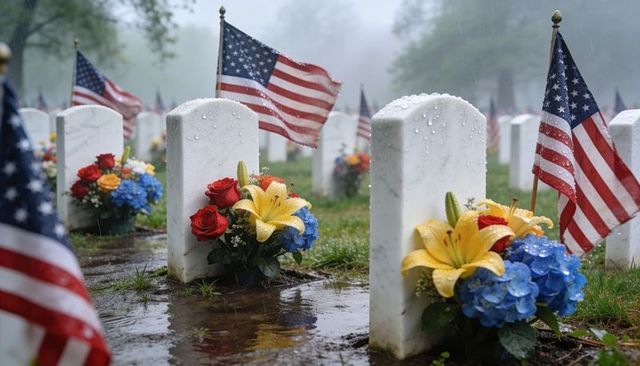 Honoring fallen soldiers: wet marble headstones with american flags and floral tributes