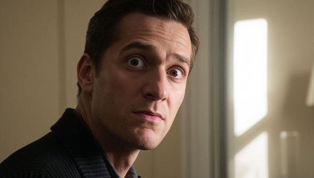 Man turning toward camera with wide eyes by window light, closeup headshot, tense gaze