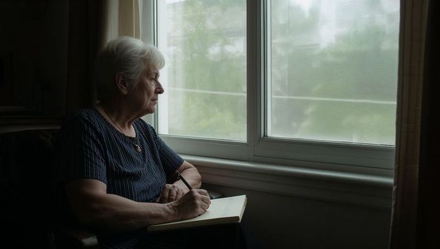 Senior woman journaling by window in quiet reflective moment