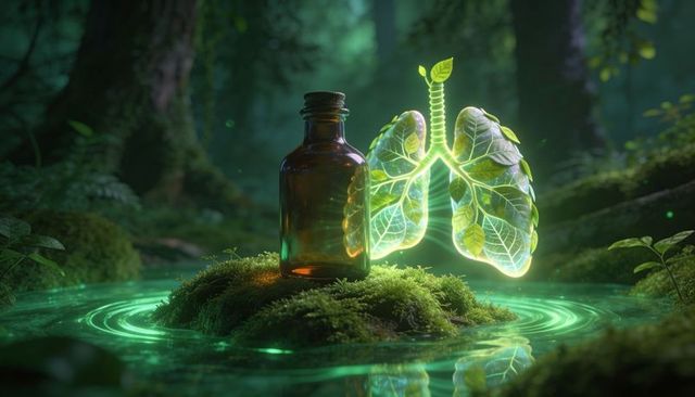 Glowing amber bottle with leaf-like lungs emitting soft neon ripples on mossy forest pool