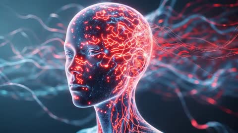 Futuristic Digital Head Pulsing with Glowing Network Connections