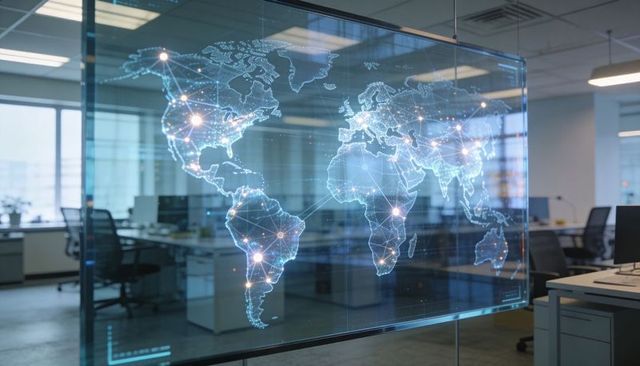 Holographic world map displaying global network connectivity in futuristic open-plan office