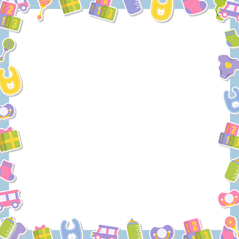 Cute nursery border featuring playful bibs and pacifiers on teal transparent background