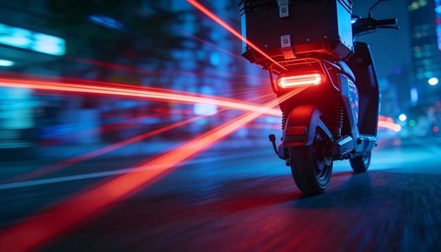 Neon-lit electric scooter racing through city night with cargo box and dynamic motion