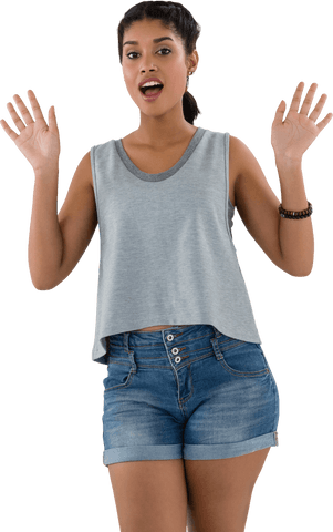 Young Woman in Denim Shorts Smiling with Open Hands on Transparent Background - Download Free Stock Videos Pikwizard.com