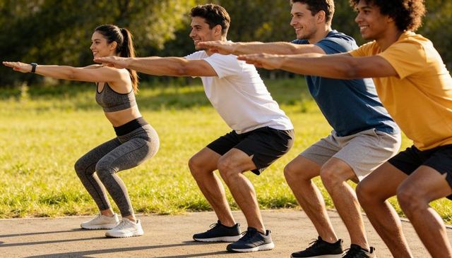 Group doing bodyweight squats in sunlit park fitness training together