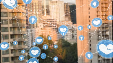 Digital Health Network Animation Over Cityscape