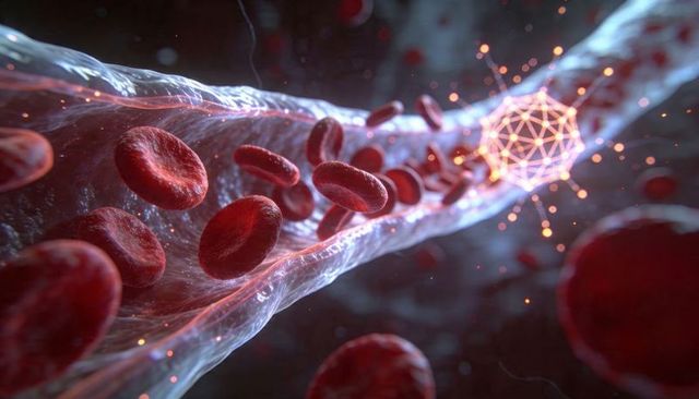 Flowing red blood cells with glowing nanoparticle in capillary lumen, nanomedicine concept