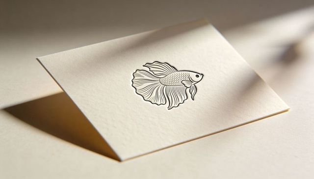 Folded cream card featuring black betta line art on textured stationery with soft shadow
