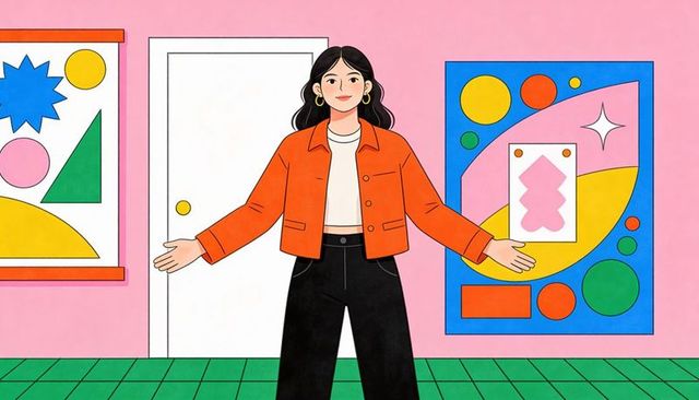 Presenting woman in orange jacket showing abstract posters in vibrant pink gallery