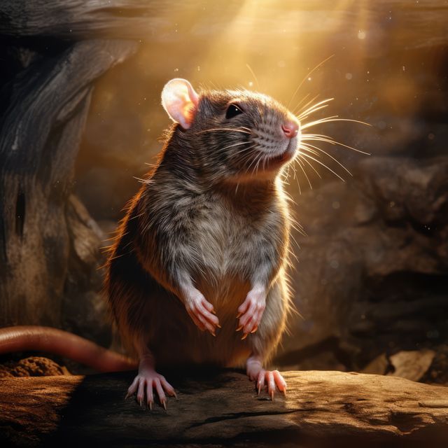Adorable rat standing under sunlight in forest, illuminated by magical light rays. Perfect for nature, wildlife, pet care advertisements, educational materials about rodents, or animal-themed storytelling.