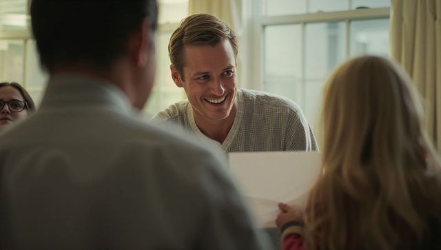 Man leaning and smiling while receiving child's drawing in cozy sunlit family interior