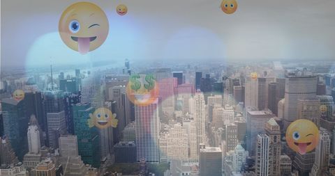 Playful Emojis Hovering Over Cityscape, Digital Social Media Concept - Download Free Stock Images Pikwizard.com