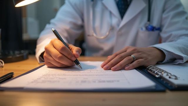 Doctor filling patient intake form at desk with stethoscope and clipboard
