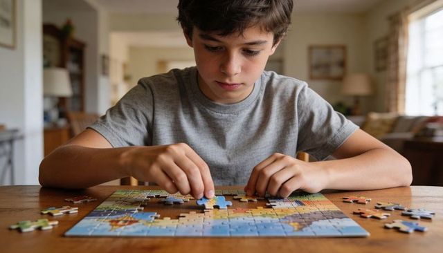 Preteen boy assembling colorful jigsaw puzzle on wooden table, concentrating at home
