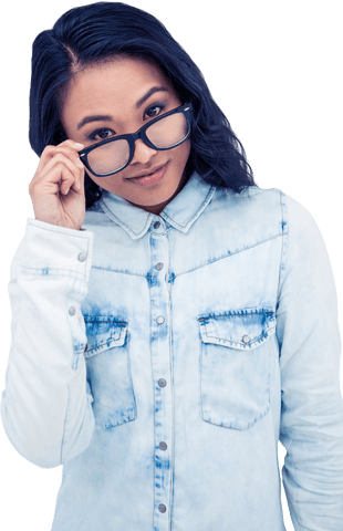 Asian Woman in Denim Holding Glasses on White Transparent Background