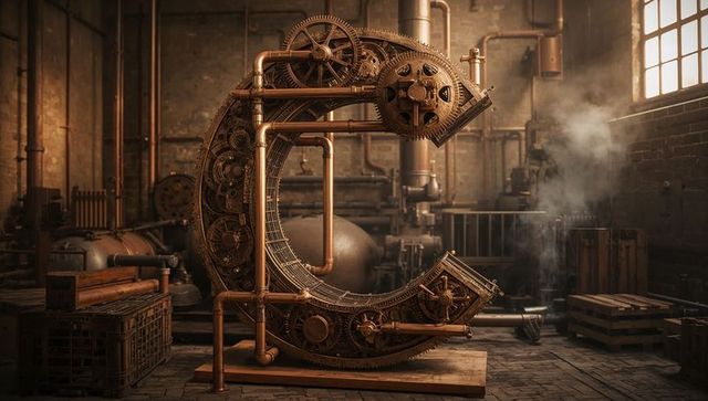 Steampunk letter c crafted from copper and brass machinery