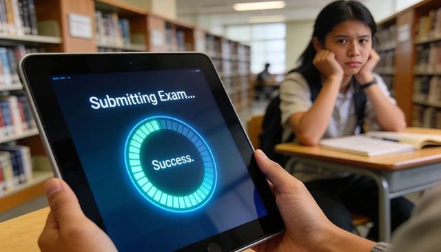Submitting exam success on tablet, relieved student and worried peer in library