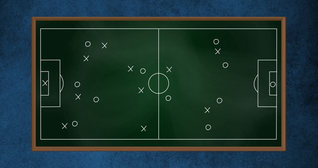 Design showcases soccer game plan using a traditional chalkboard style with strategic player positions. Useful for sports presentations, coaching material, or educational content on soccer tactics. Space-themed background adds modern aesthetic.