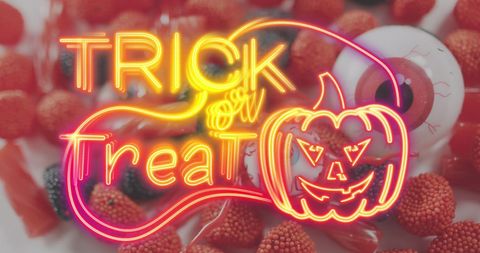 Neon Trick or Treat Halloween Banner With Pumpkin and Candy - Download Free Stock Images Pikwizard.com