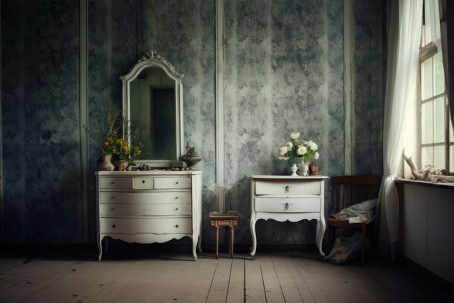 Antique style white chest of drawers in classic room, created using generative ai technology. Bedroom furniture, design and interior decoration concept digitally generated image.