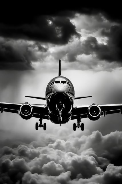 Airplane flying with clouds in black and white, created using generative ai technology. Air travel, air transport, airplane and flying concept digitally generated image.