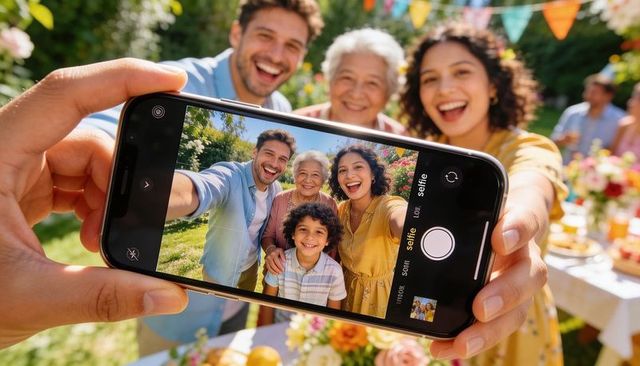 Multigenerational family taking joyful selfie at backyard summer party